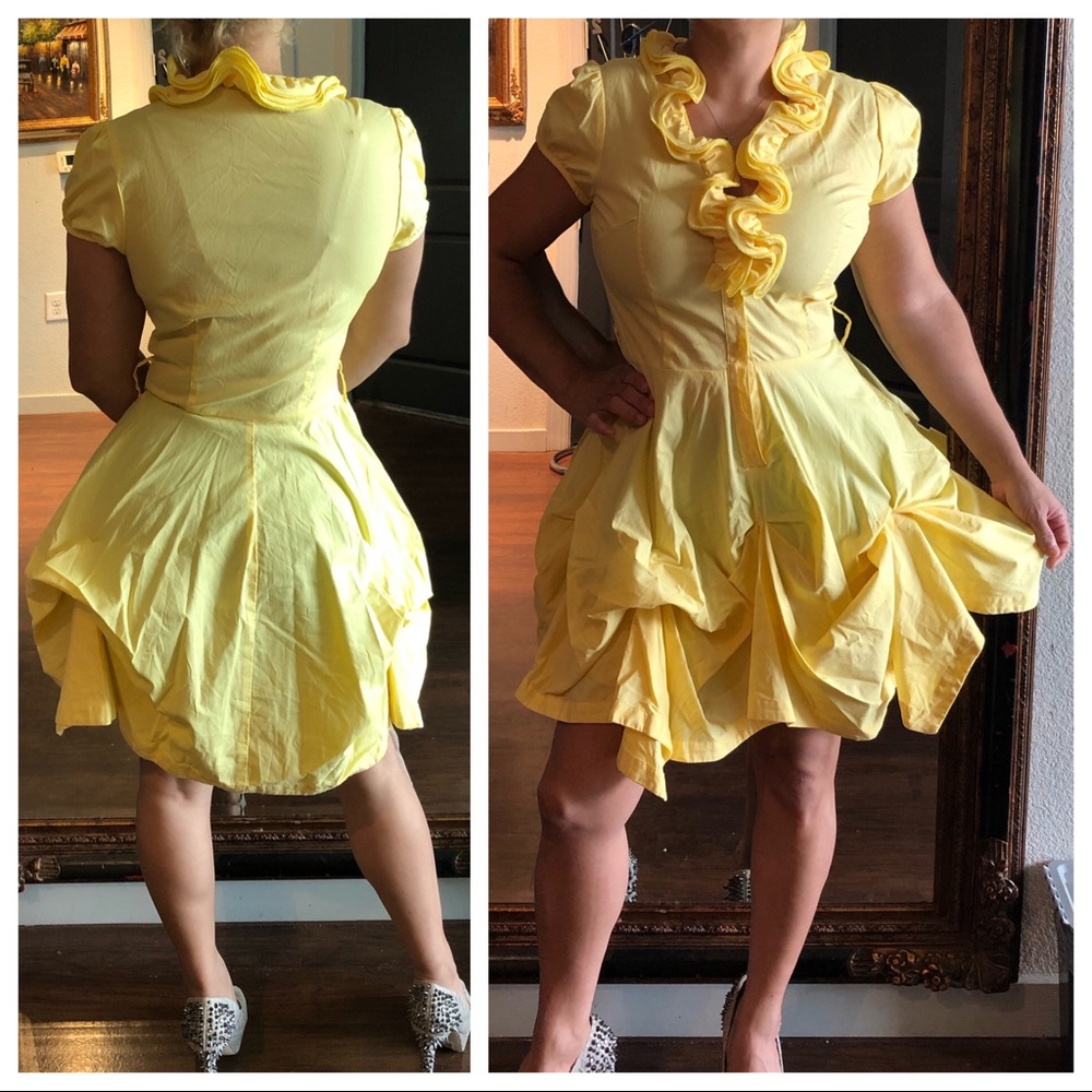 Ruffled collar puff hem asymmetrical dress cotton